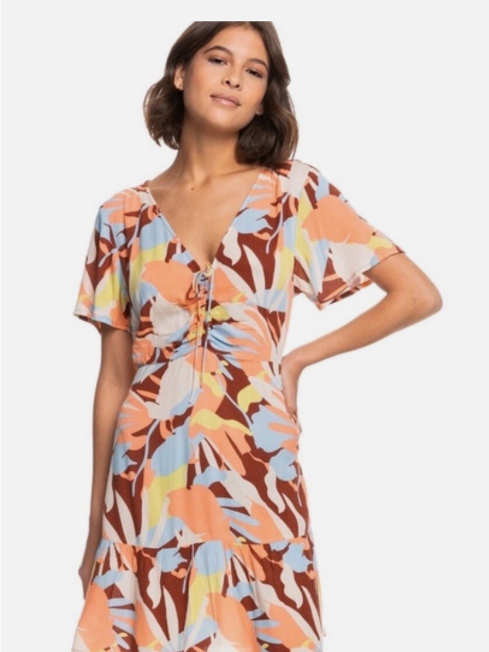 Roxy Floral Print V-Neck Summer Dress in Peach & Brown